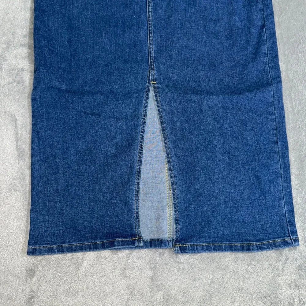 Denim Midi Skirt Button Front High Waist Slit Dark Wash Blue Women's Medium - Picture 4 of 7